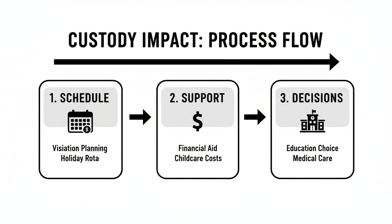 A process flow diagram titled 'Custody Impact' showing steps for schedule, support, and decisions in child custody.