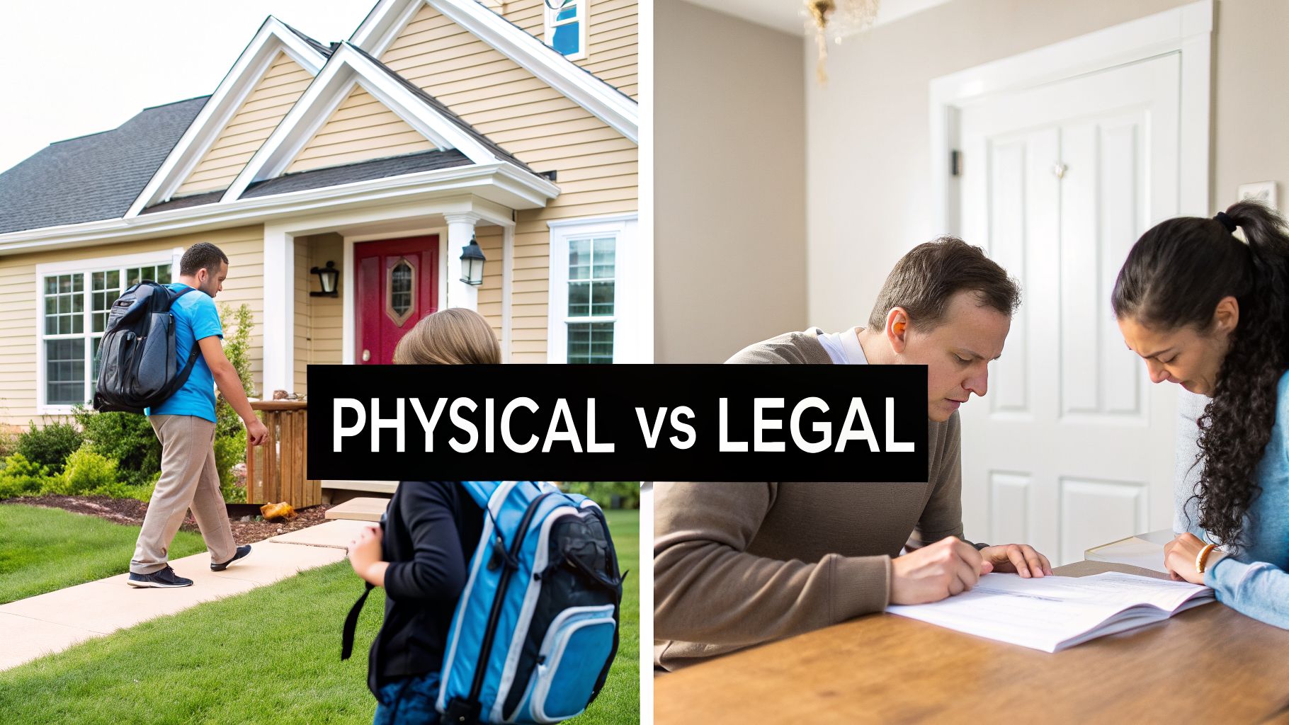 A split image showing a child and parent leaving a house (physical) and adults reviewing documents (legal).