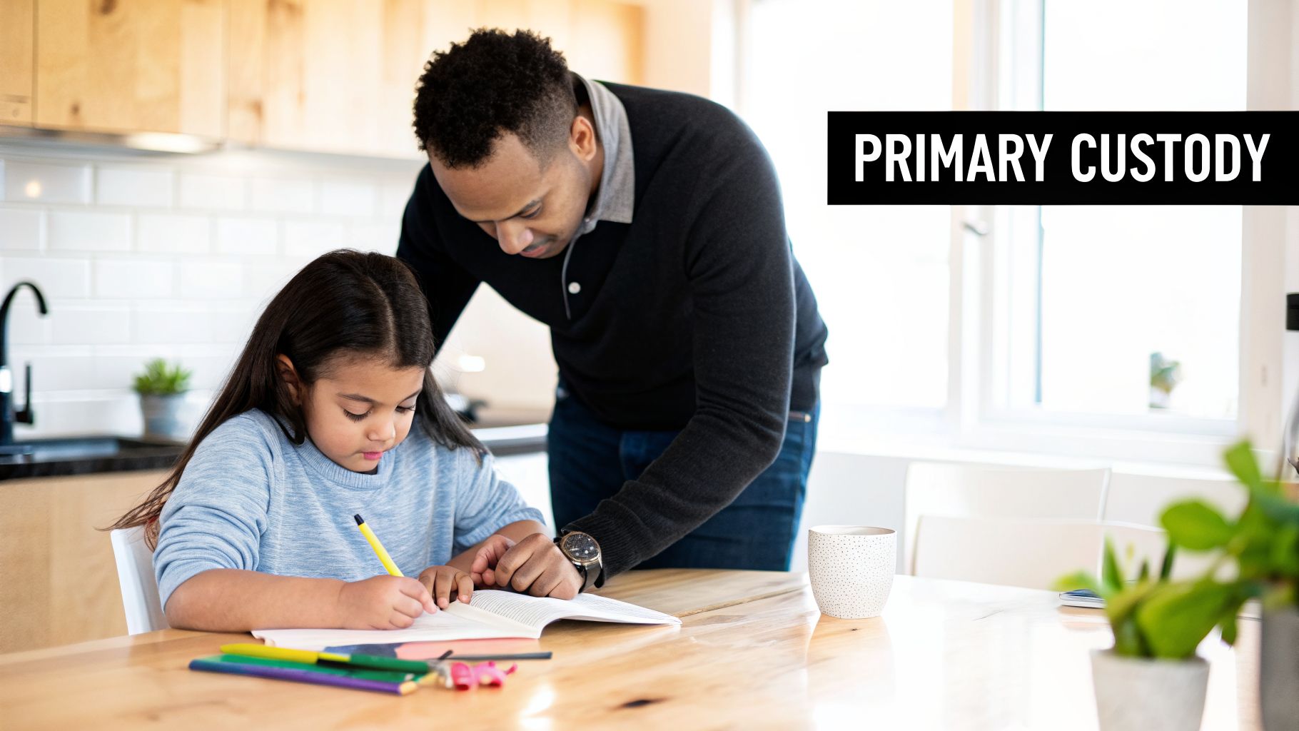 A father helps his young daughter with homework at a table, with 'PRIMARY CUSTODY' text overlay.