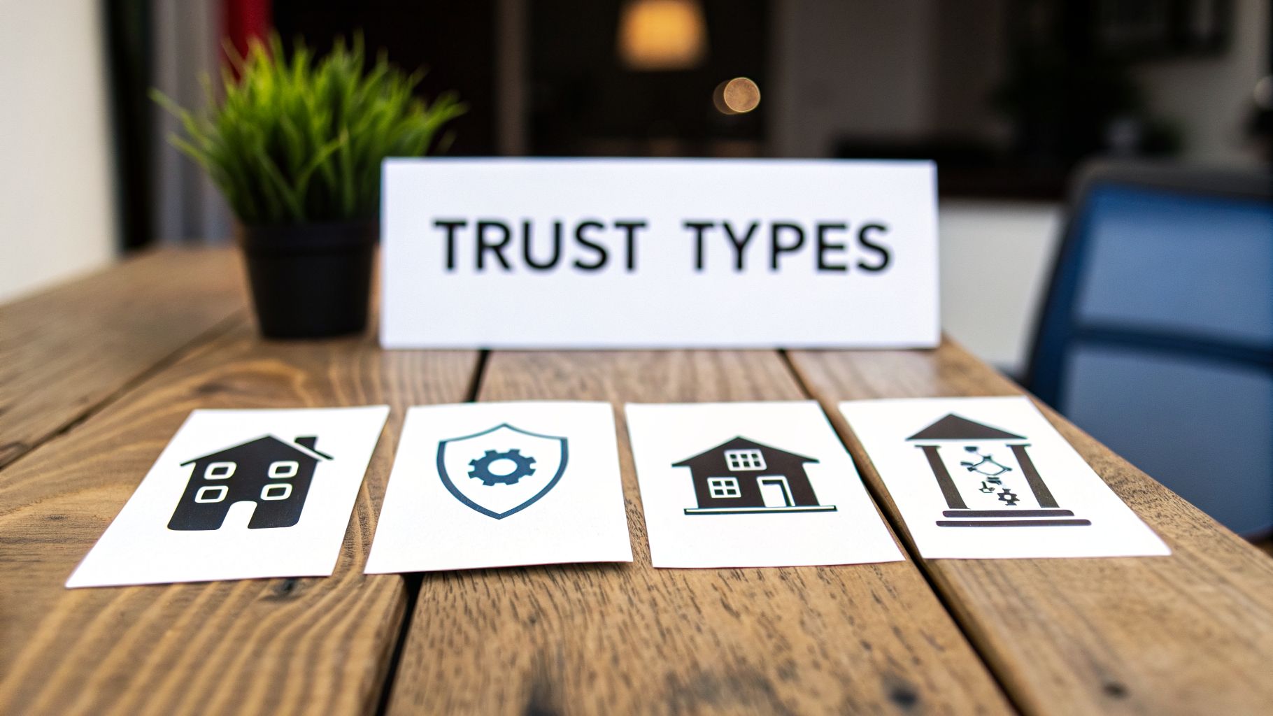 A sign on a wooden table displays 'TRUST TYPES' with four illustrated cards below.