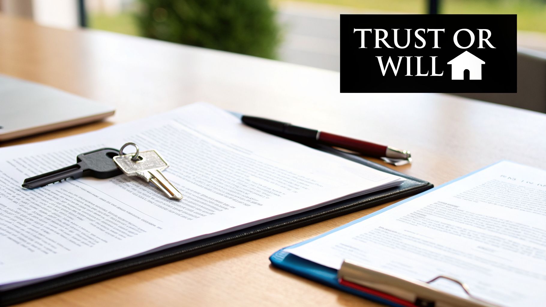 Two keys rest on legal documents with a pen, next to a 'TRUST OR WILL' sign with a house icon.