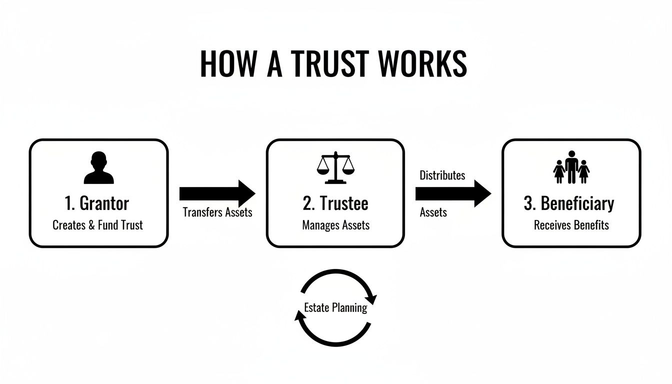 A clear diagram illustrating how a trust works, involving a grantor, trustee, and beneficiary, with estate planning.