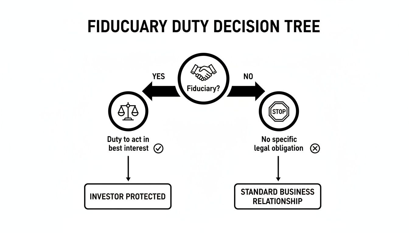 Decision tree illustrating fiduciary duty, its obligations, and investor protection outcomes.