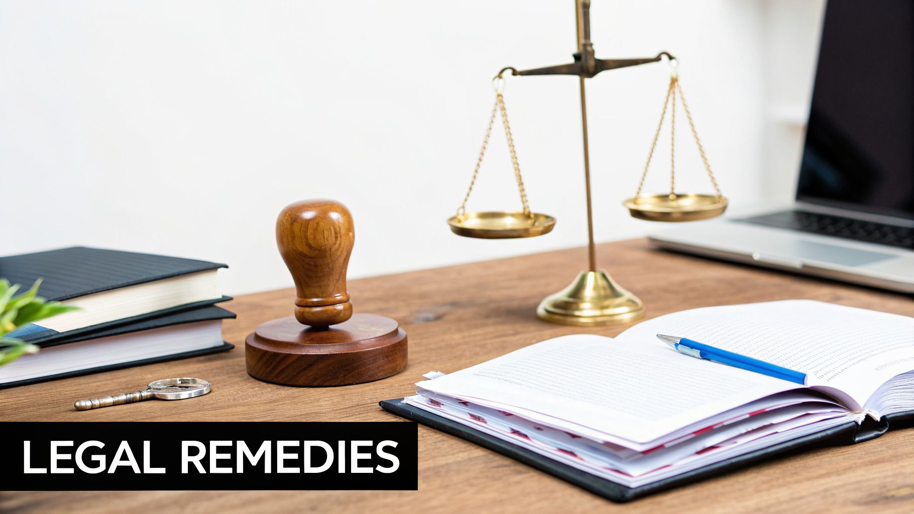 Desk with legal books, stamp, scales of justice, open notebook, and laptop, representing legal remedies.