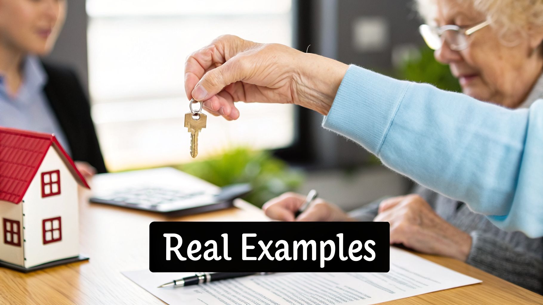 An older person's hand holding a house key, with property documents being signed on a table.