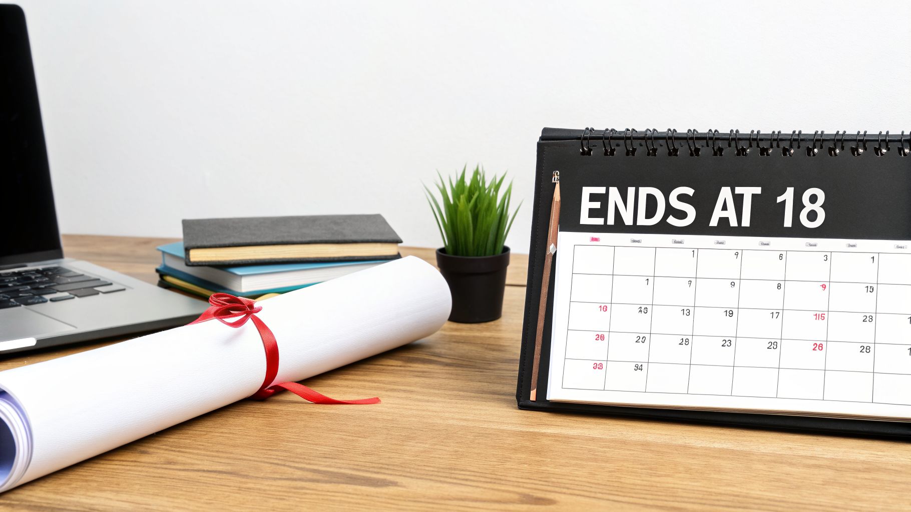Desk with laptop, books, diploma, and a calendar displaying 'ENDS AT 18' text.