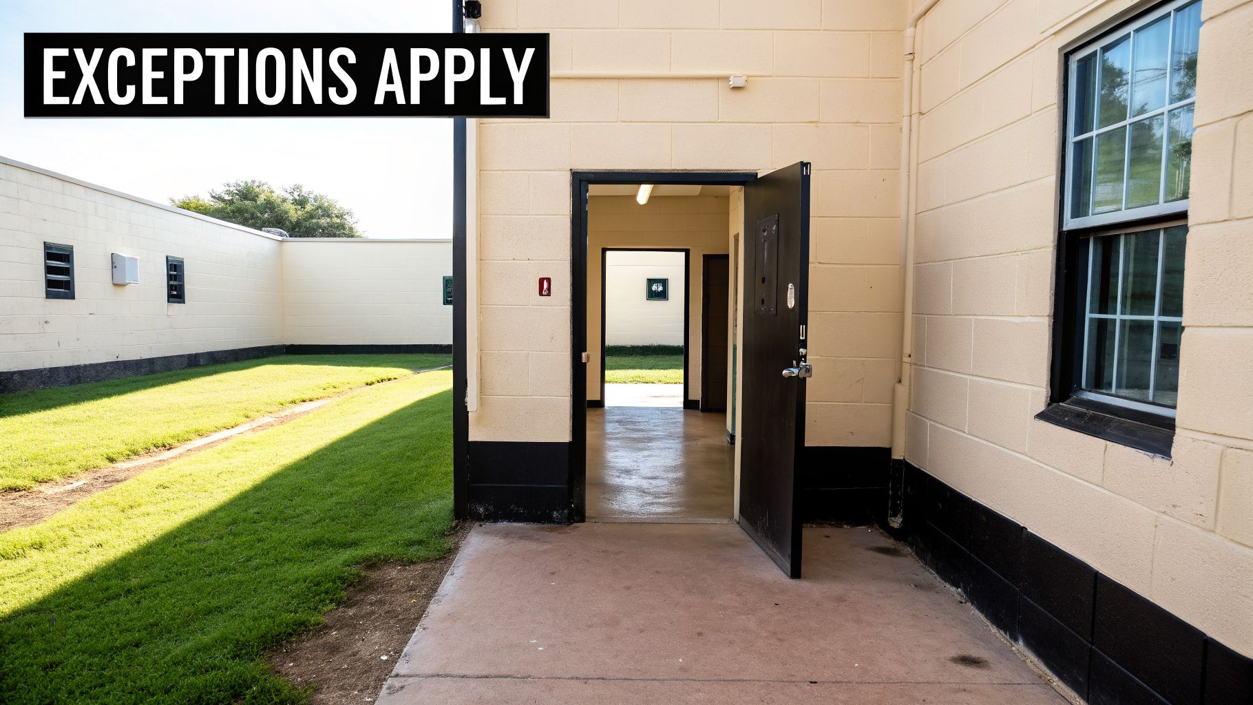 A cream-colored building with open doors leading to a sunny outdoor grassy courtyard.