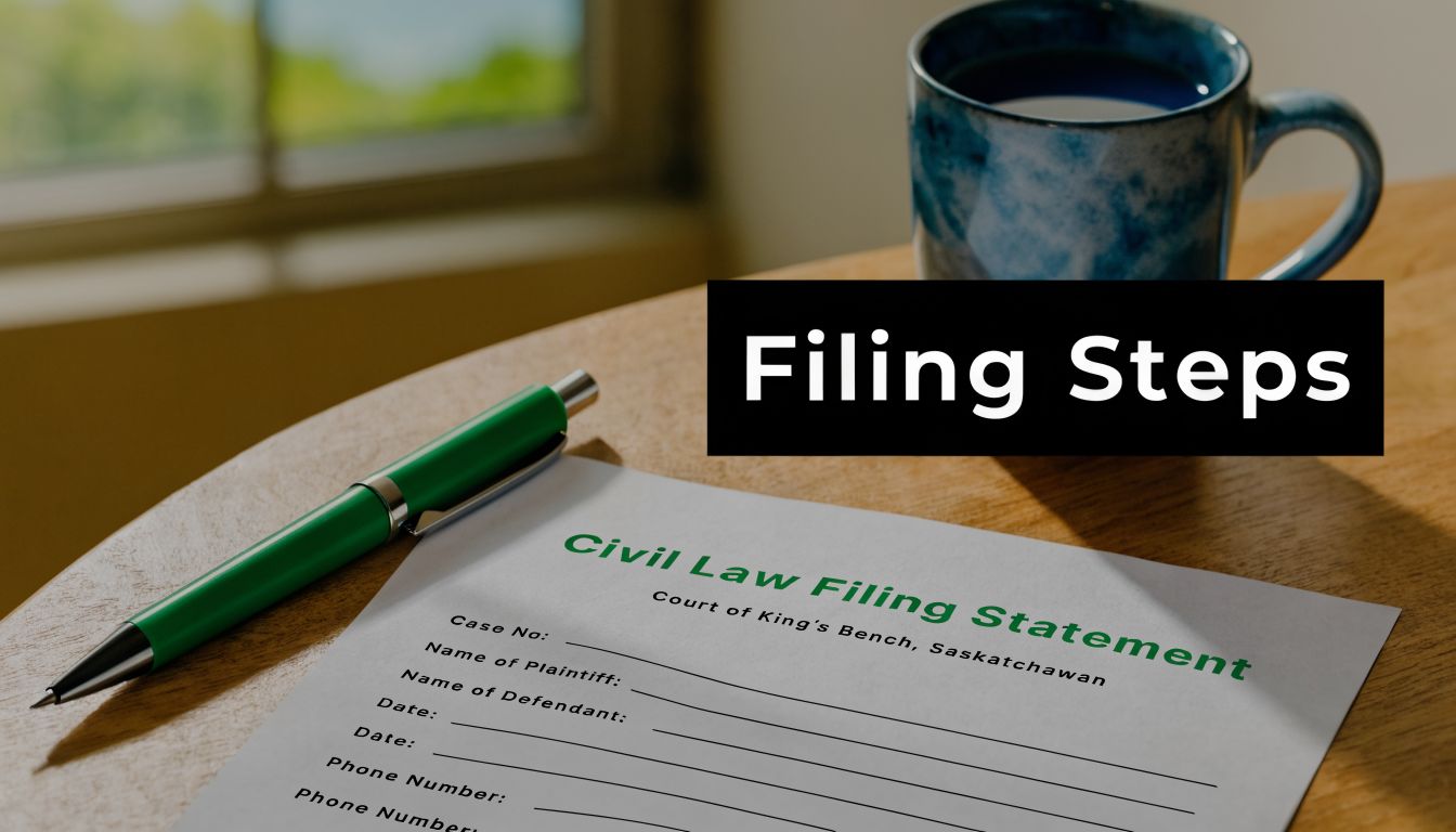 A form titled Civil Law Filing Statement sits on a desk next to a pen and coffee mug.