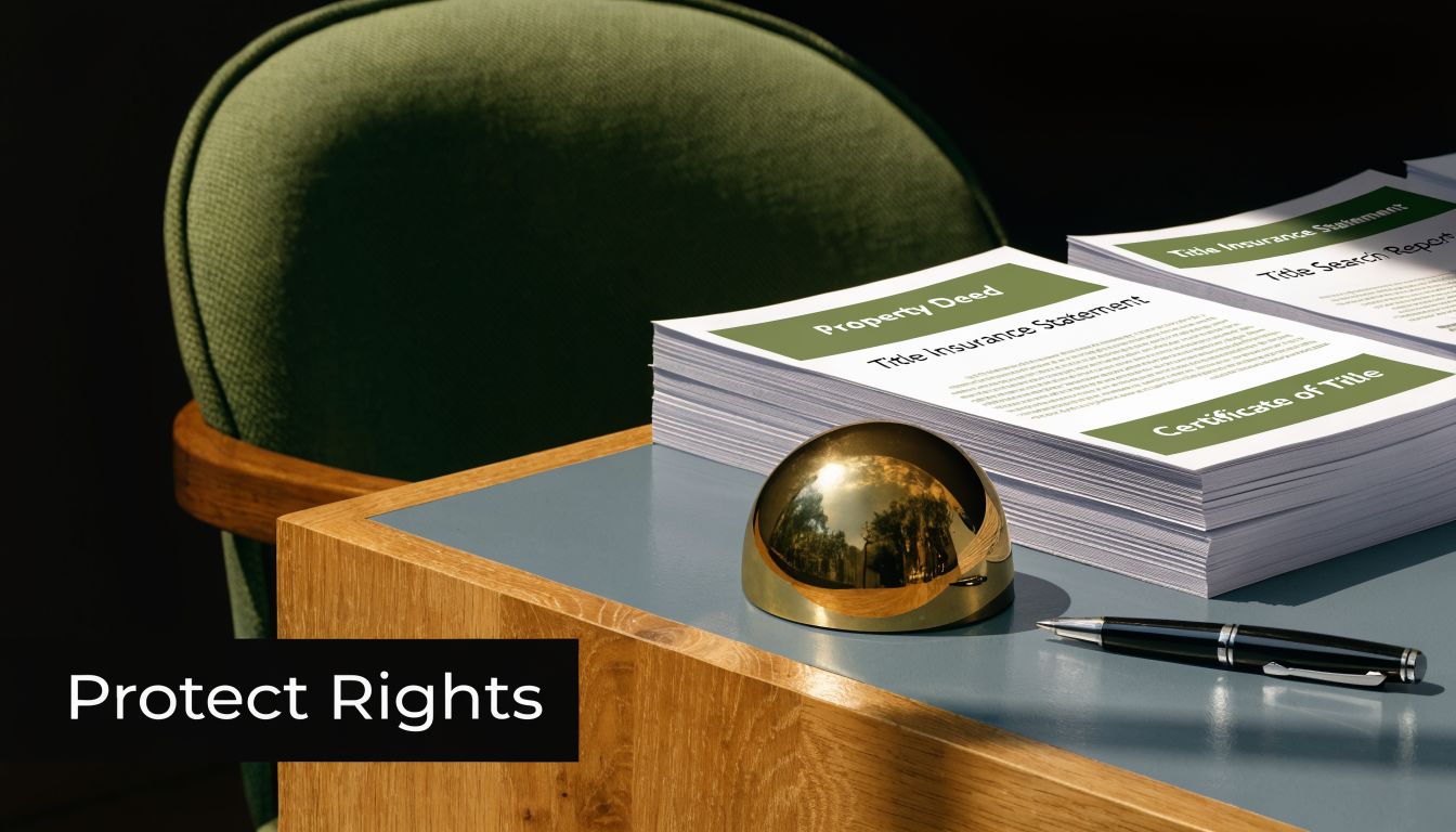 A wooden desk holding a stack of legal real estate documents and a shiny gold paperweight.