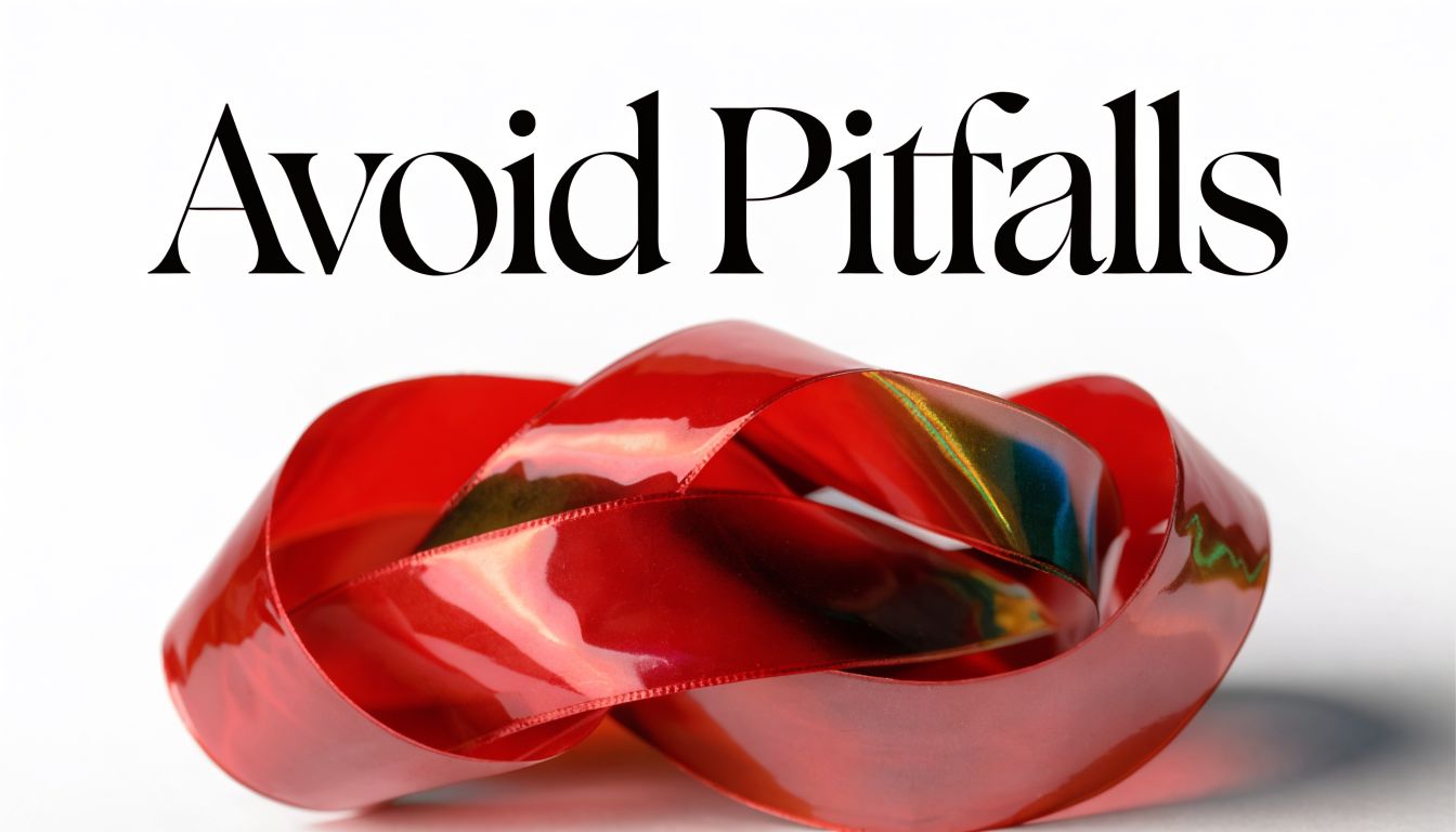 A glossy red ribbon twisted into complex shapes displayed under the text Avoid Pitfalls on white.