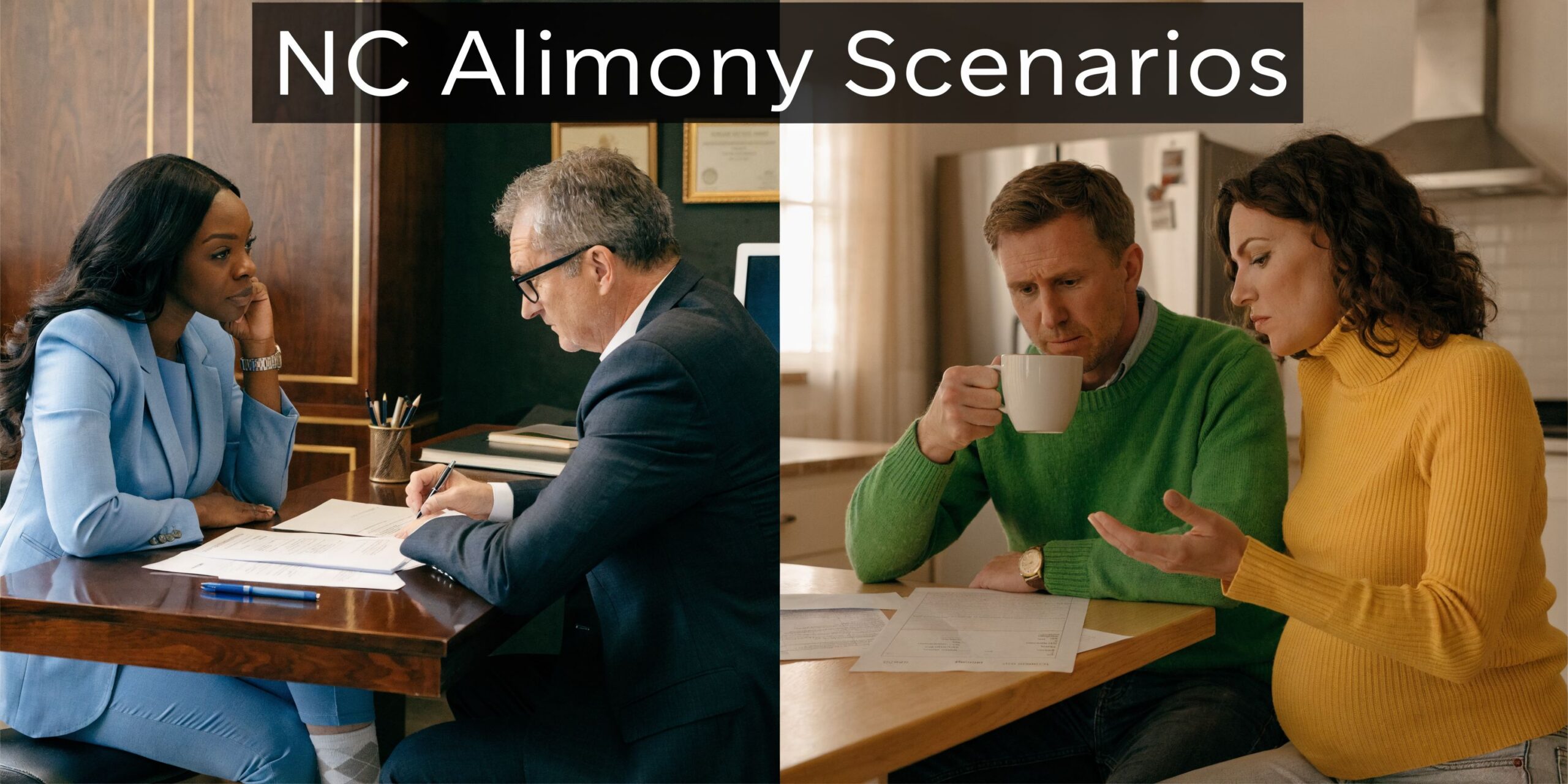 A split image showing a lawyer consulting a client and a couple reviewing legal documents at home.