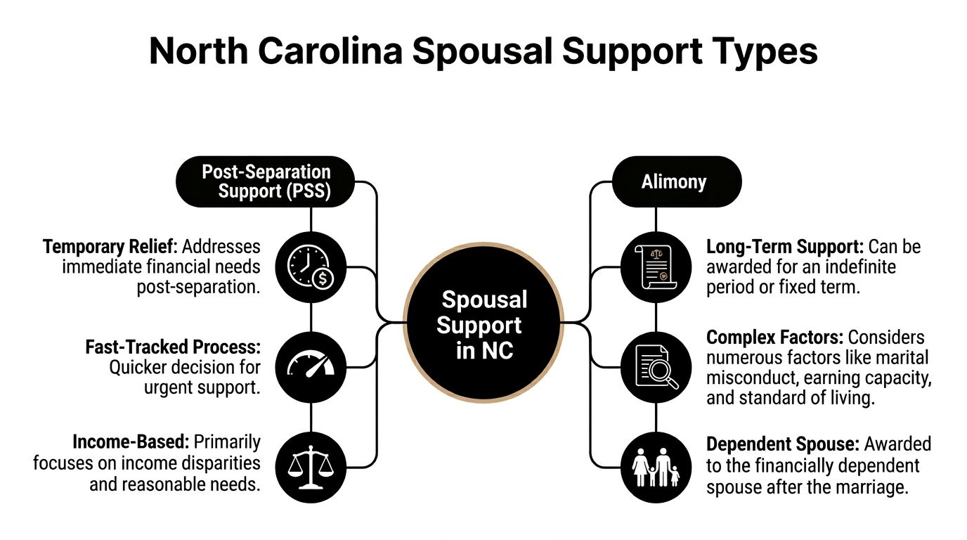 A diagram illustrating the two types of spousal support in North Carolina: Post-Separation Support and Alimony.