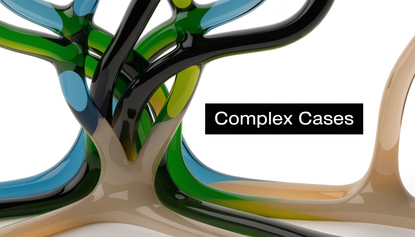 An abstract, glossy 3D sculpture of interconnected colorful tubes with the text Complex Cases overlaid.