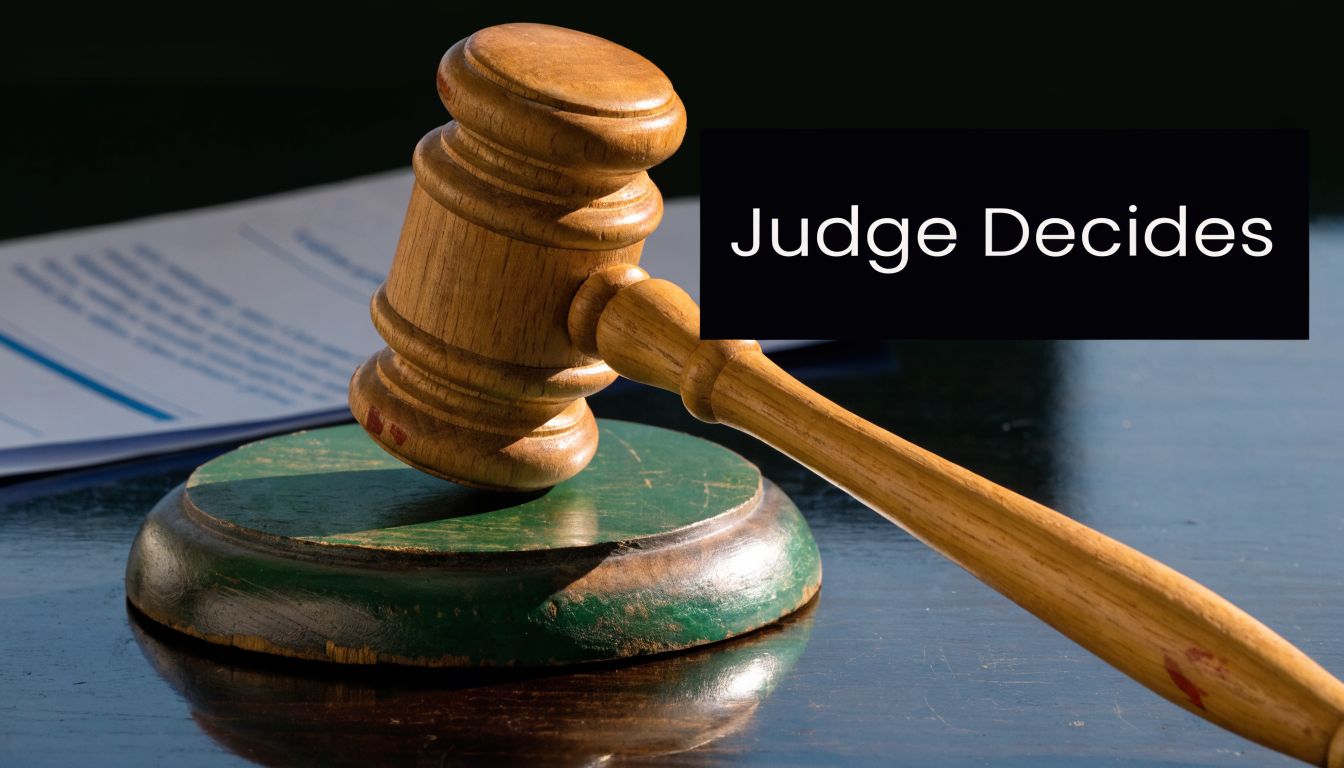 A wooden judge gavel resting on a green sound block with legal documents in the background.