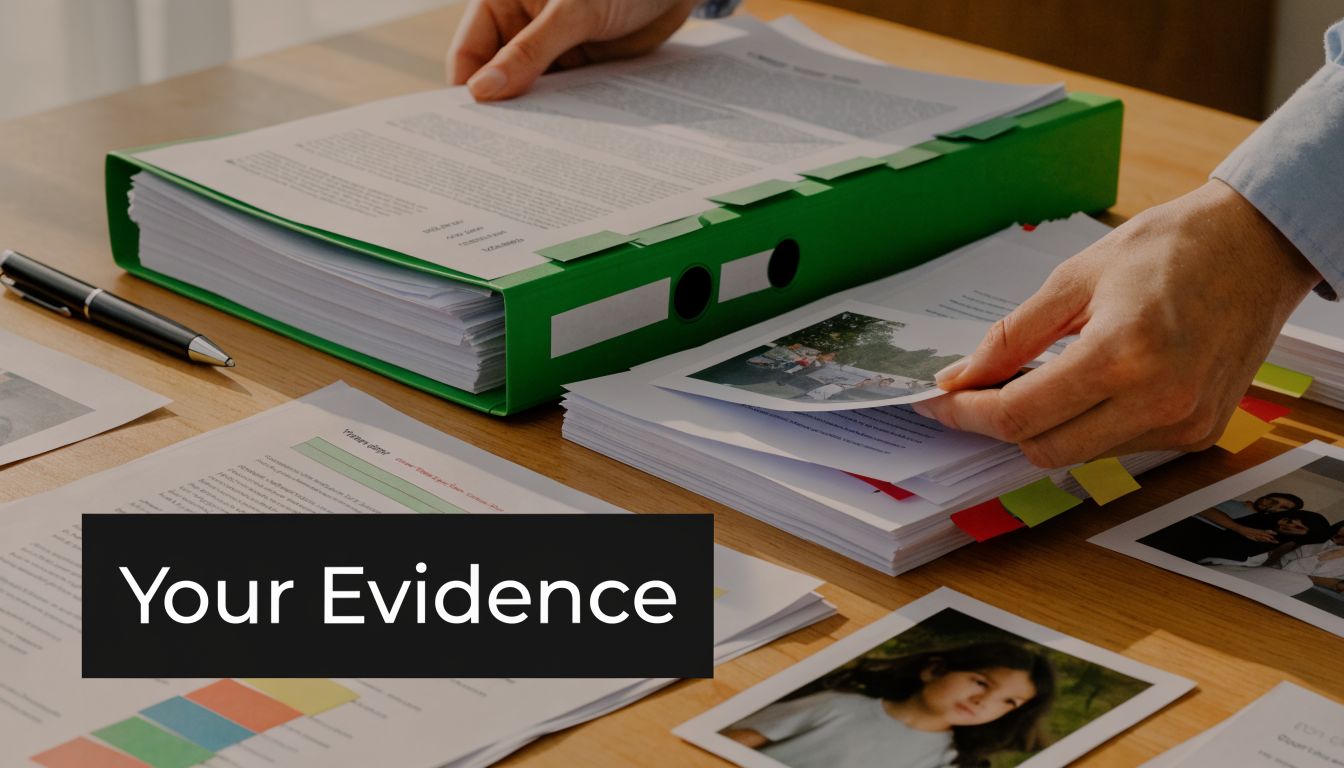 A person reviewing legal evidence, documents, and family photographs on a wooden office desk surface.