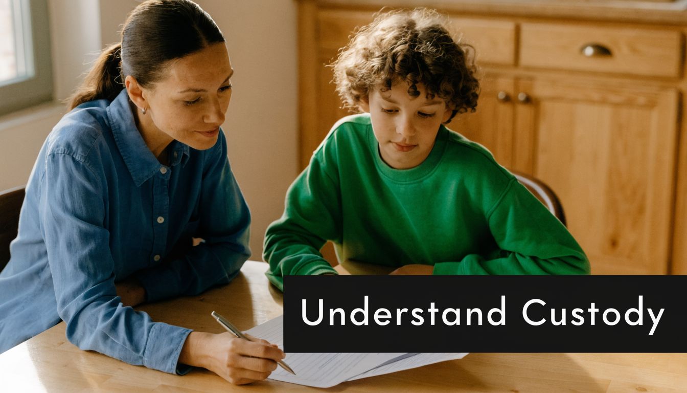 A woman helping a young child with curly hair write on a paper at a wooden table.