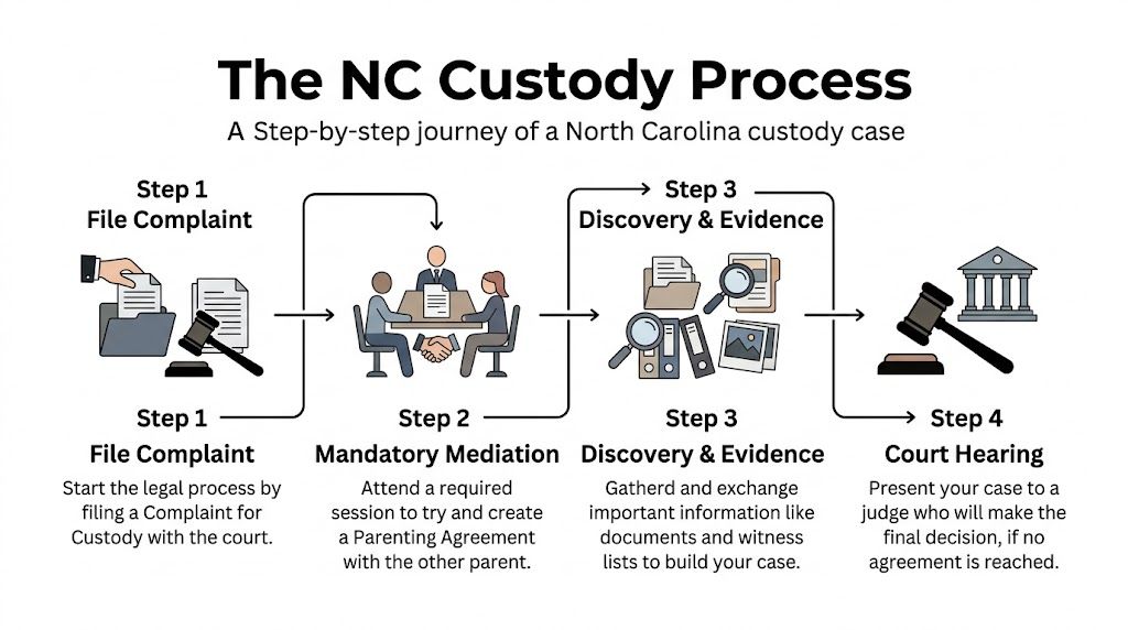 A four step infographic illustrating the legal process for child custody cases in North Carolina.