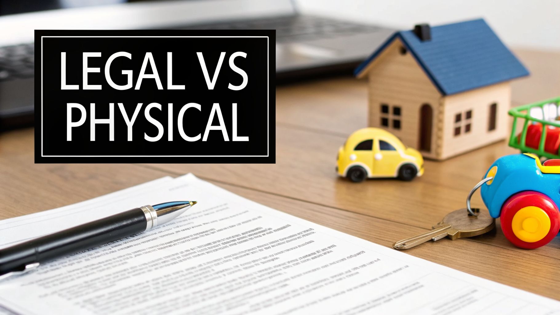 Legal vs. Physical text box above documents, a pen, a miniature house, and toy cars on a desk.