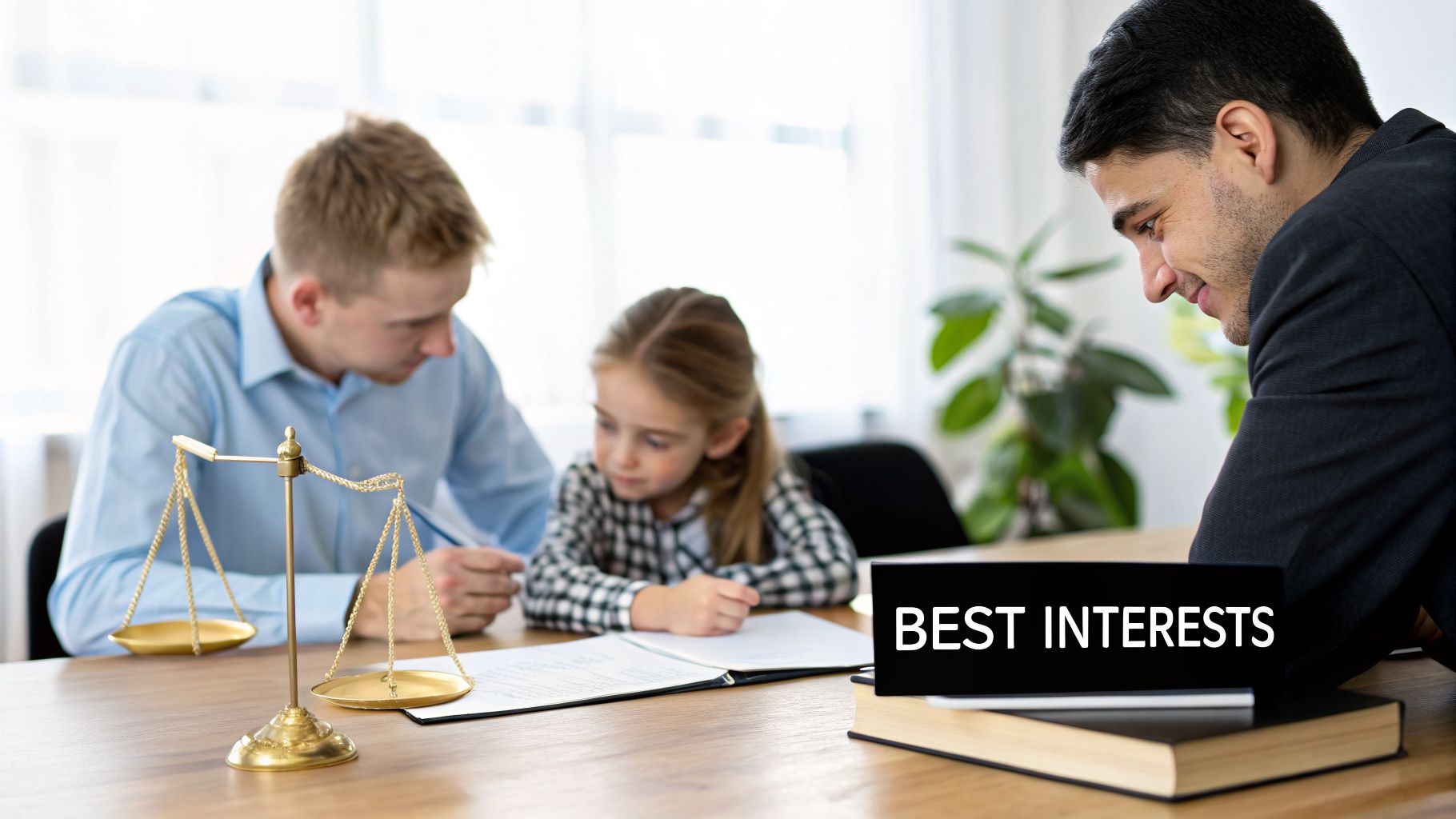 A lawyer, father, and daughter discuss child custody, emphasizing the child's best interests.