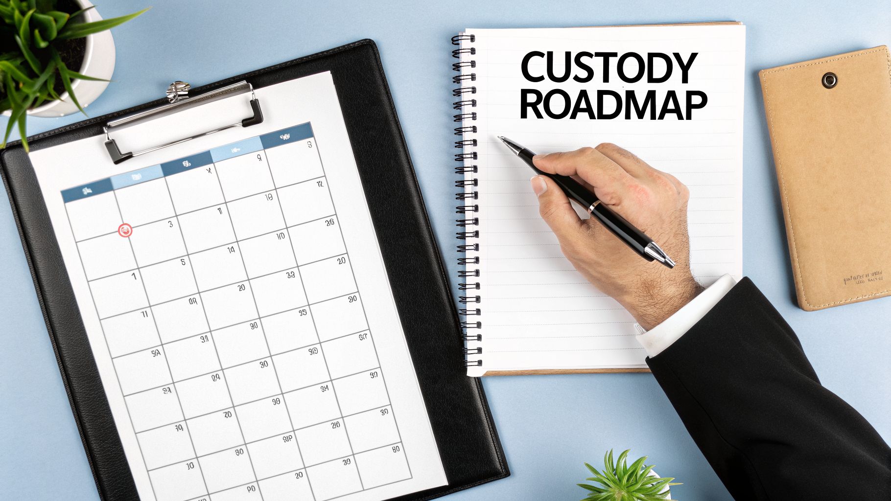 Overhead view of a person writing 'Custody Roadmap' in a notebook next to a calendar with a circled date.