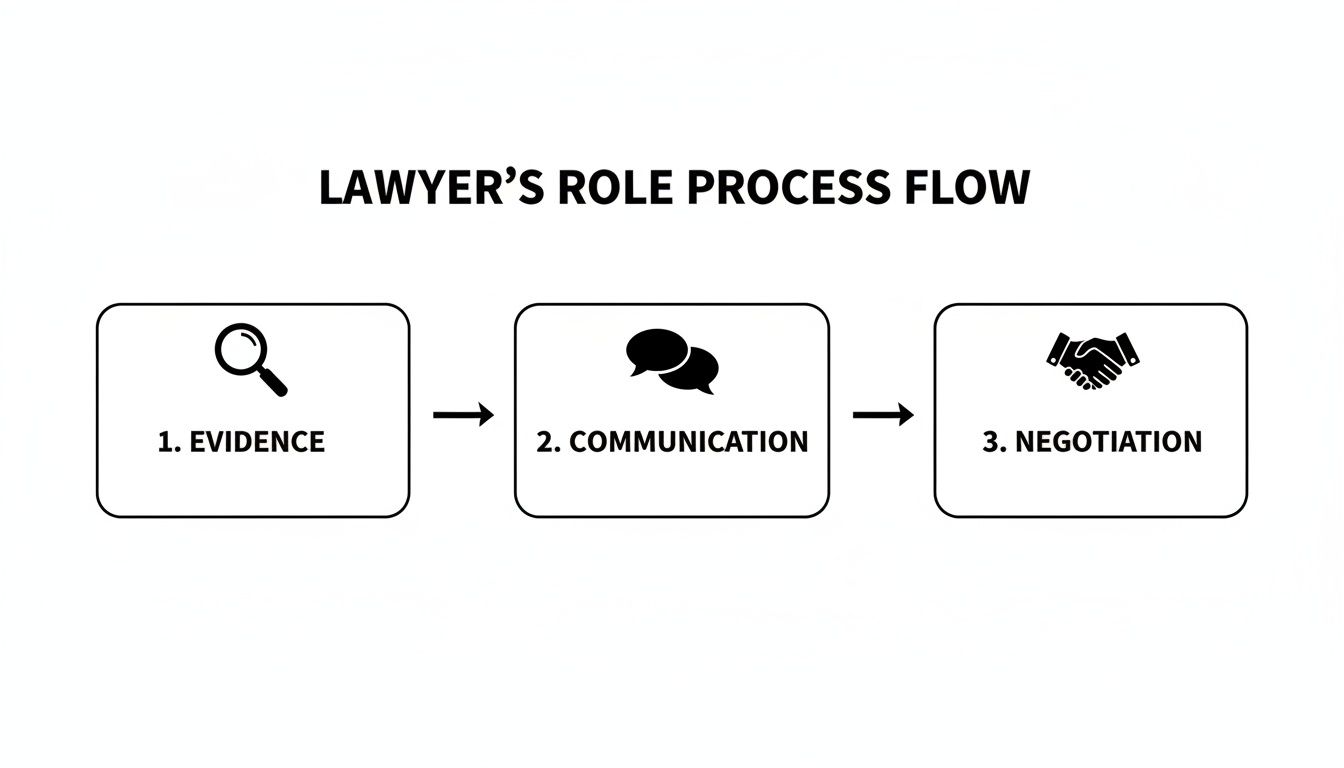 Flowchart illustrating a lawyer's role process, including evidence, communication, and negotiation steps.