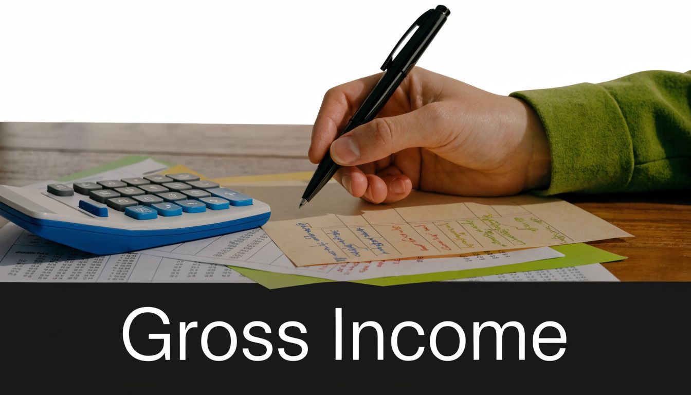A person calculating financial figures on paperwork with a pen and calculator for gross income assessment.