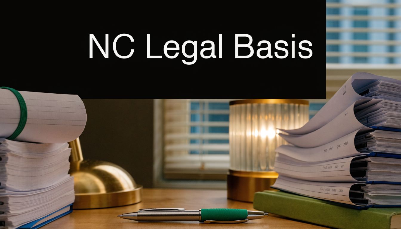 A wooden desk featuring stacks of legal documents, a pen, and a warm desk lamp.