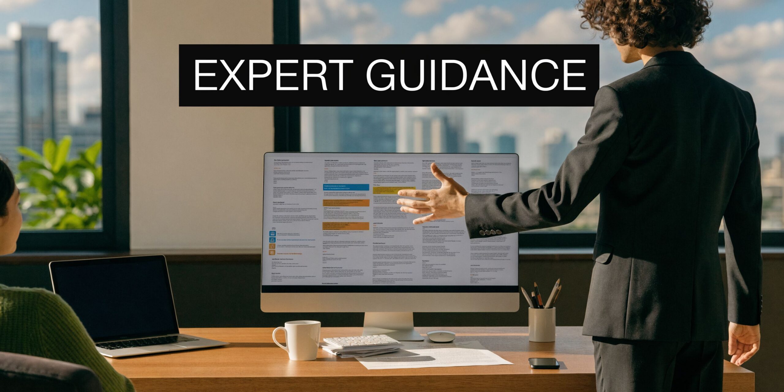 A professional business consultant providing expert guidance to a client using a digital screen in office.