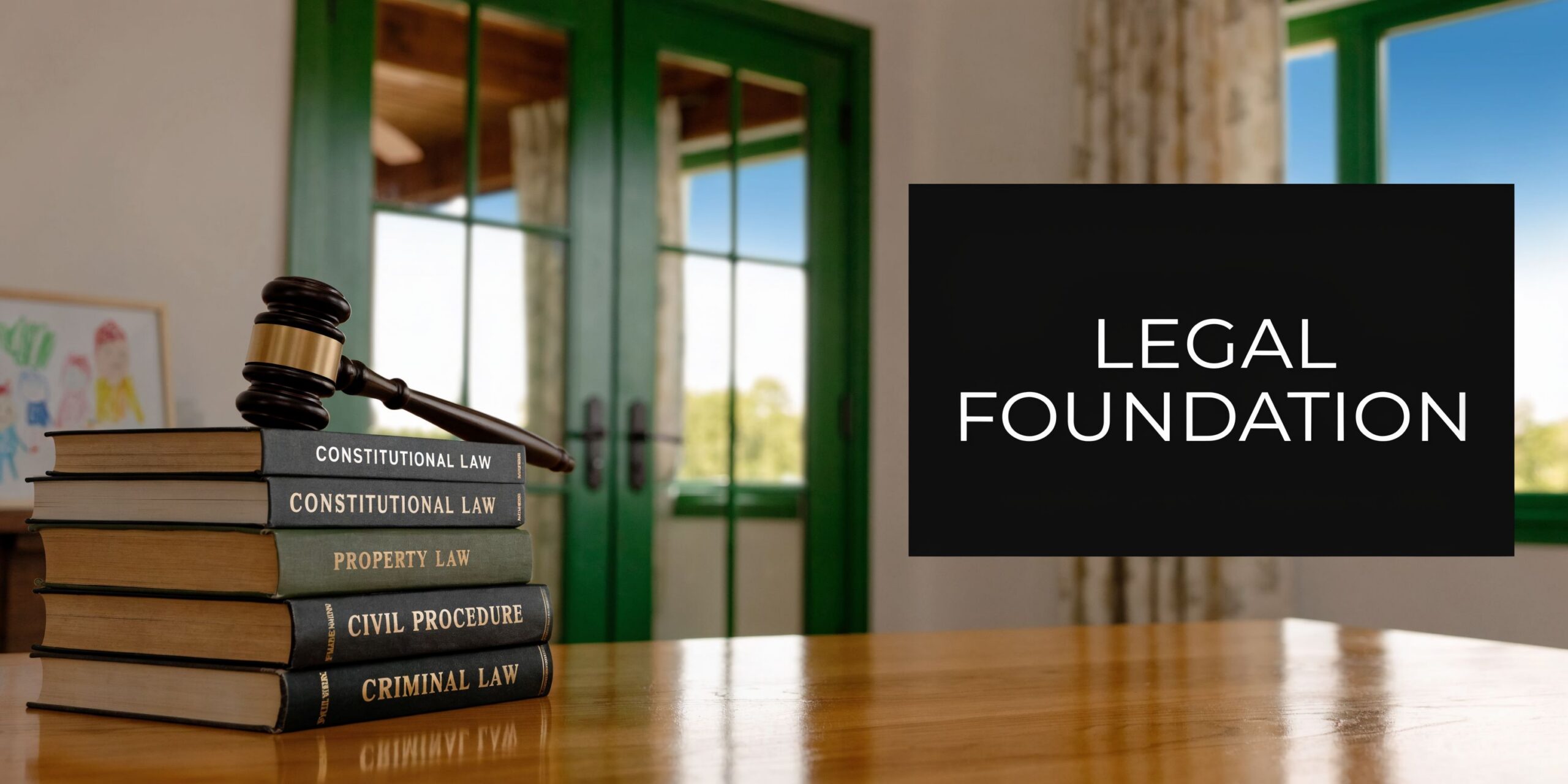 A wooden gavel resting on a stack of law textbooks on a polished desk near windows.