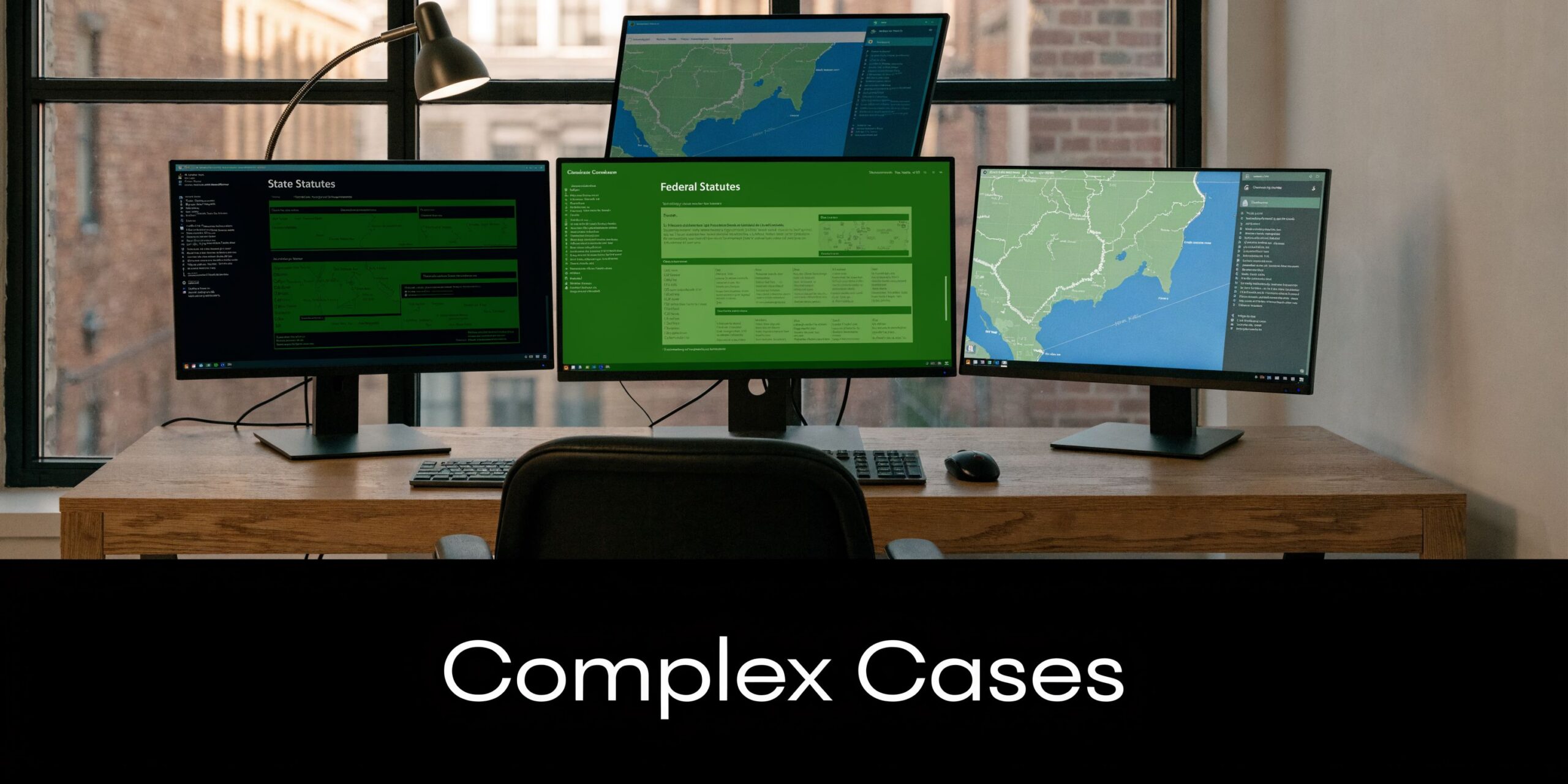 A professional office desk setup featuring multiple computer monitors displaying legal documents and map-based data analysis tools.