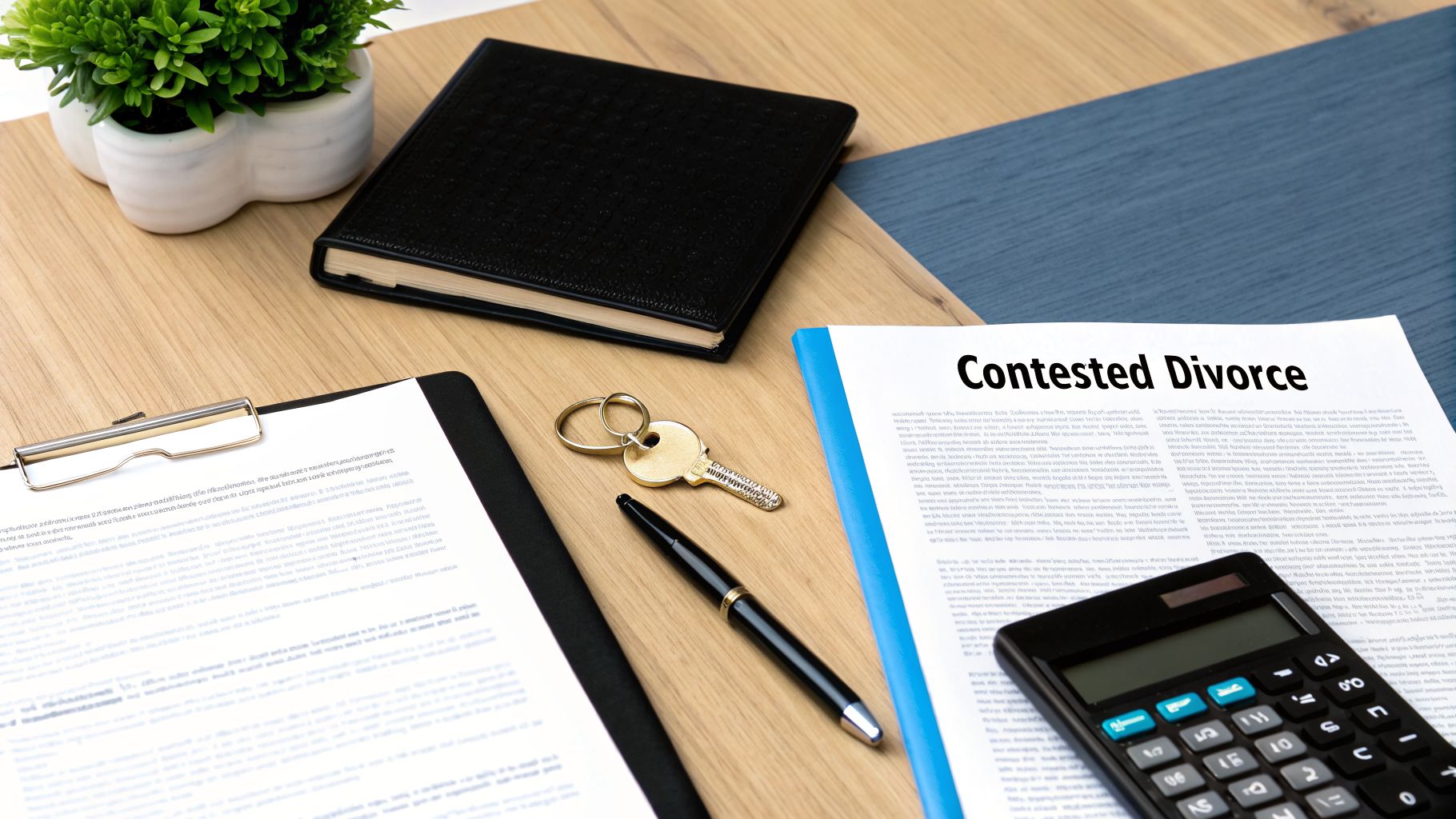 Desk setup with documents, calculator, and keys, featuring a paper titled 'Contested Divorce'.
