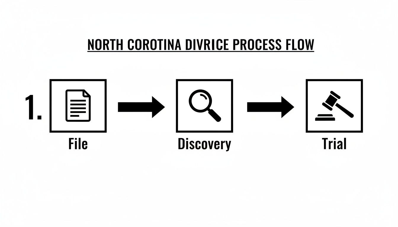 Flowchart illustrating the North Corotina divorce process with steps: File, Discovery, and Trial.