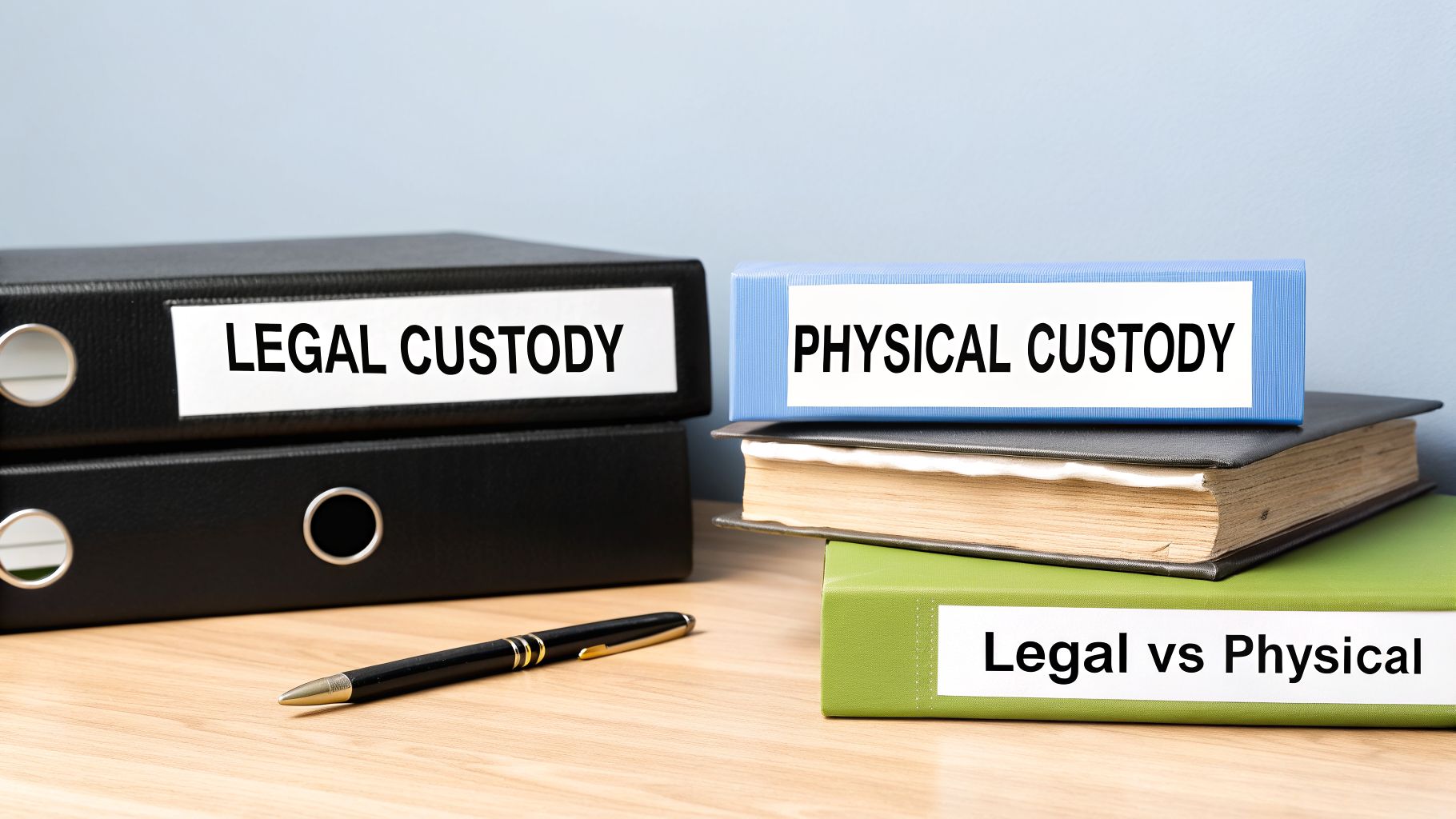 Folders labeled 'Legal Custody,' 'Physical Custody,' and 'Legal vs Physical' illustrating child custody concepts.