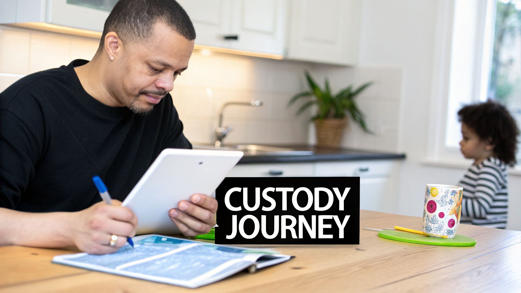A father at a table completing forms about his custody journey, with his child nearby.