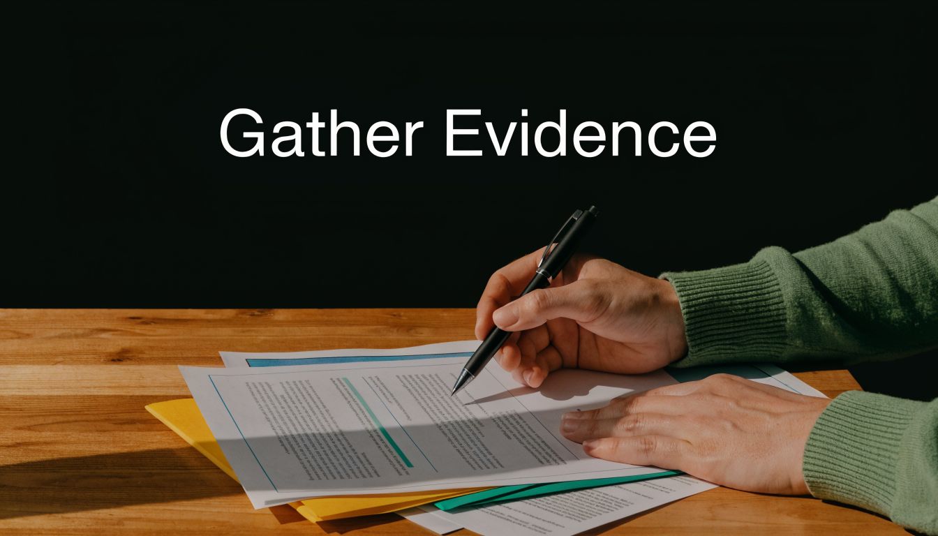 A person writing on legal documents at a wooden desk with a document titled Gather Evidence.