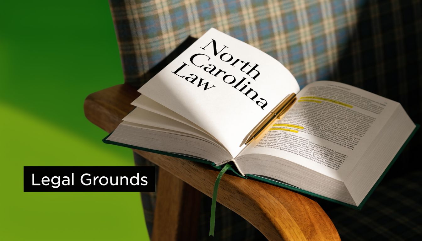 An open book titled North Carolina Law sitting on a wooden chair with a gold pen.