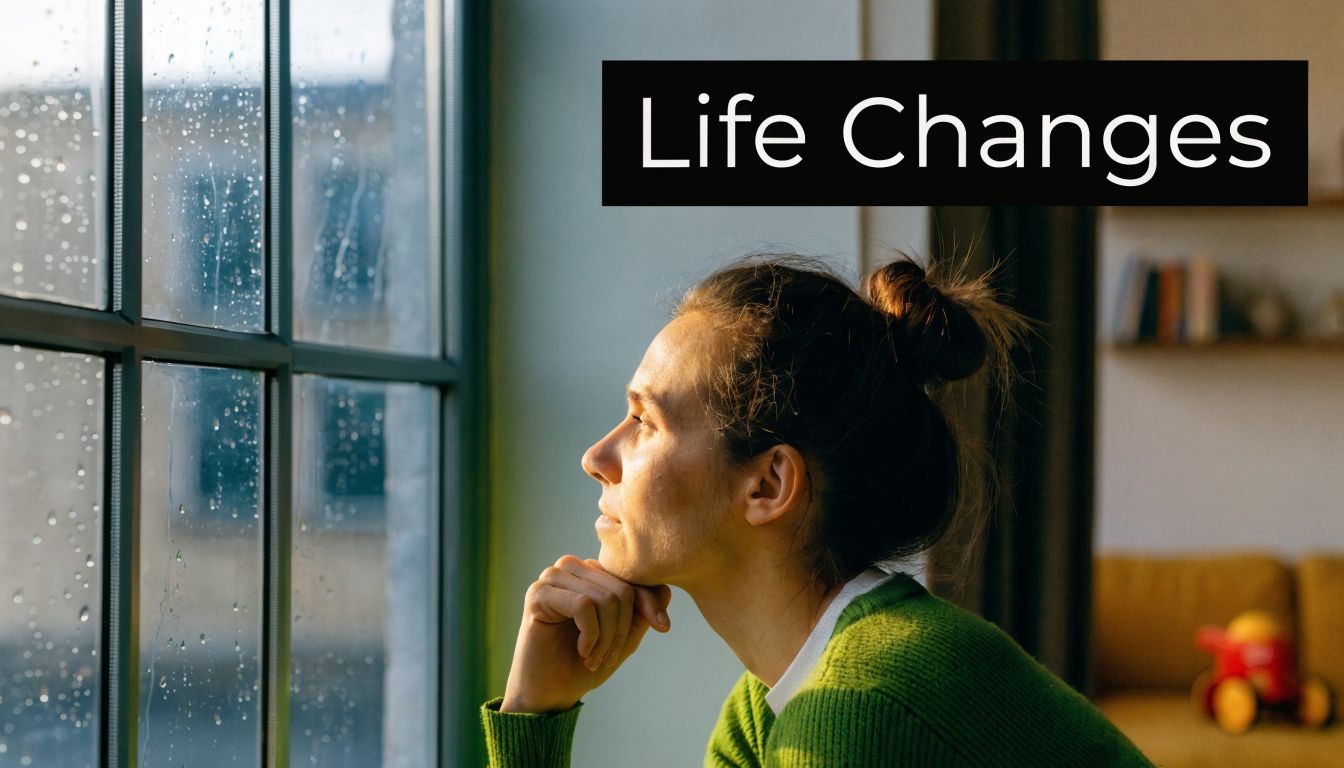 A thoughtful woman looking out a rainy window, symbolizing reflection on life changes and personal growth.