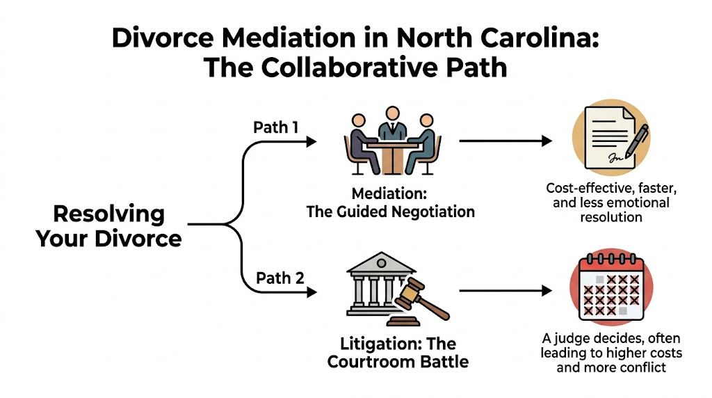 A diagram comparing divorce mediation and courtroom litigation as two paths for resolving a divorce in North Carolina.