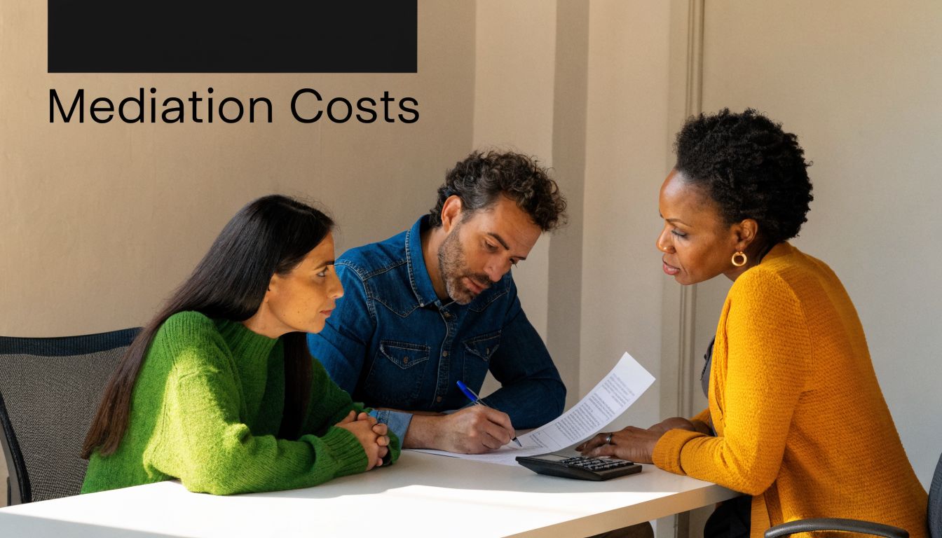 A professional mediator discusses legal documentation with a couple at a table during a meeting.