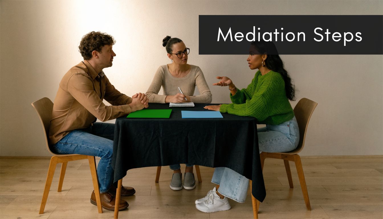 A professional mediator facilitating a constructive conversation between a couple during a mediation session.