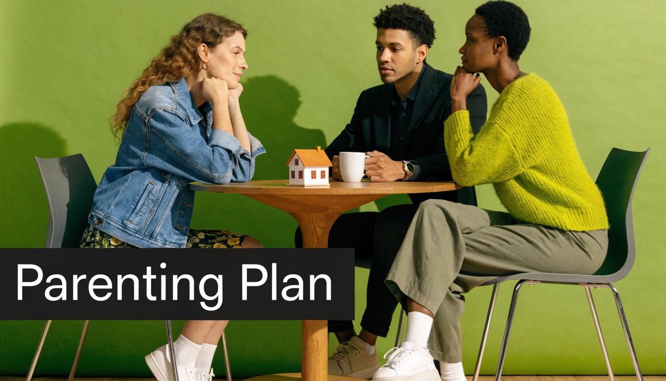 Three people discussing a small house model at a round table, representing mediation or family planning.