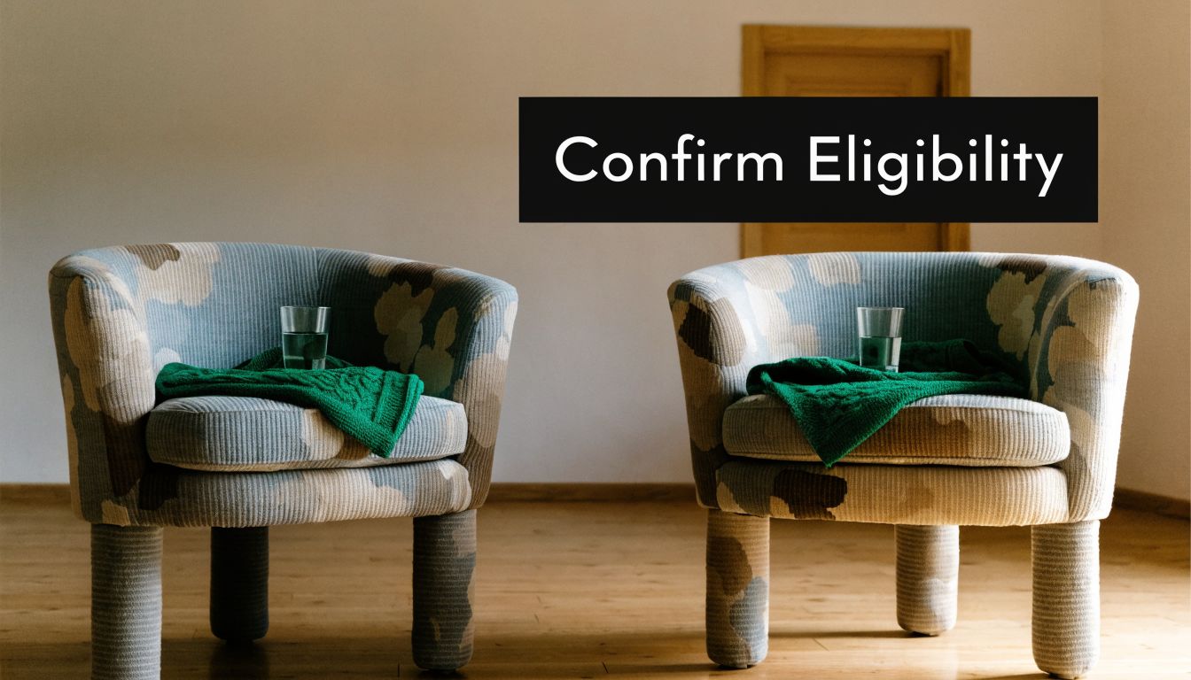 Two armchairs with green blankets and glasses of water facing each other in a room.