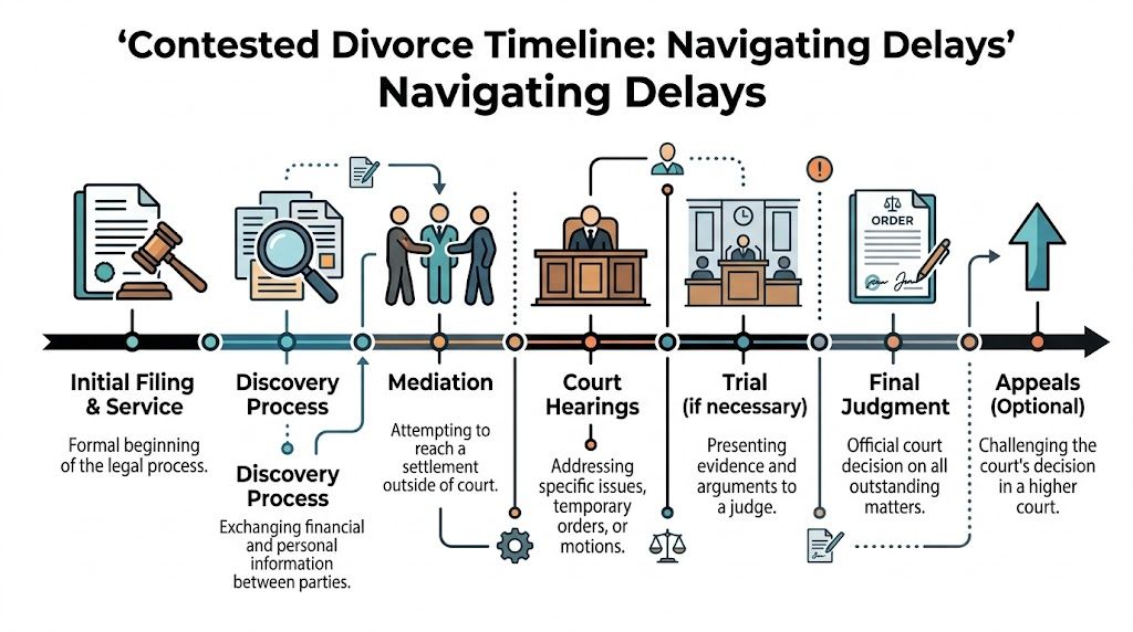 A flowchart infographic titled Contested Divorce Timeline showing steps from initial filing to potential appeals.
