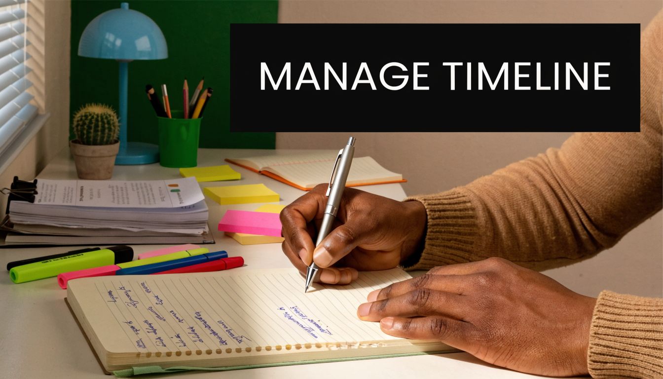 A person writing in a notebook on a desk with office supplies and sticky notes.