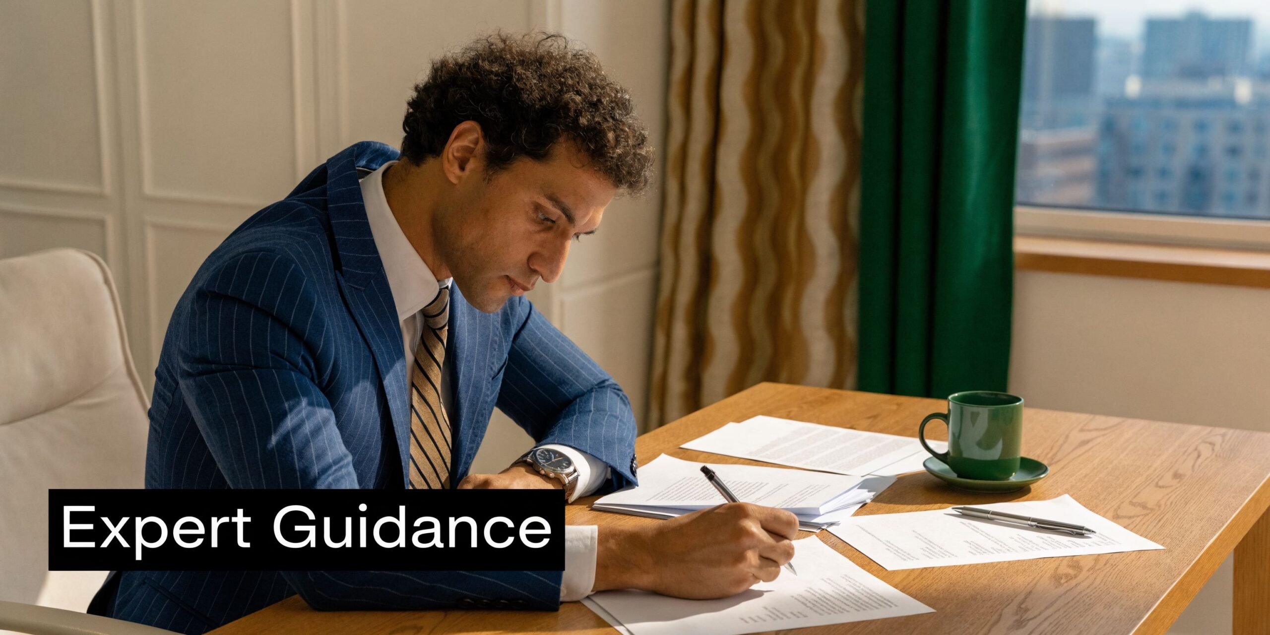 A professional lawyer wearing a suit writing on legal documents at a wooden office desk.