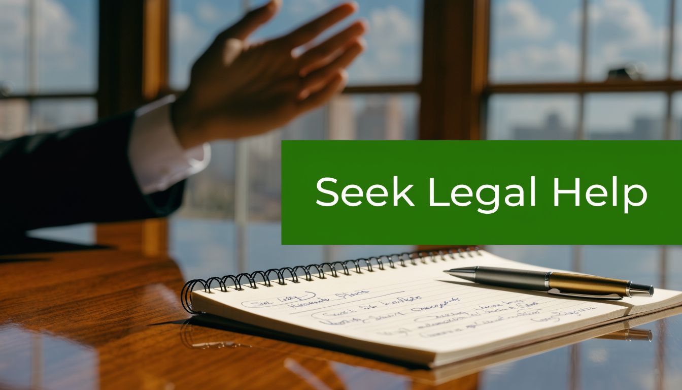 A professional desk setting with a notebook and pen, with text overlay reading Seek Legal Help.