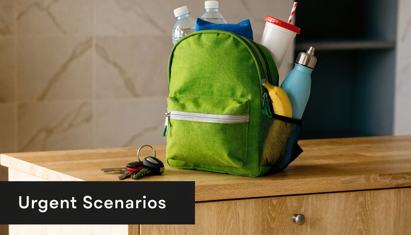 A green backpack filled with water, snacks, and keys sitting on a wooden surface for emergencies.