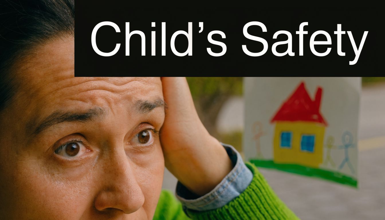 A concerned woman looking worried next to a child's drawing of a family house on a window.