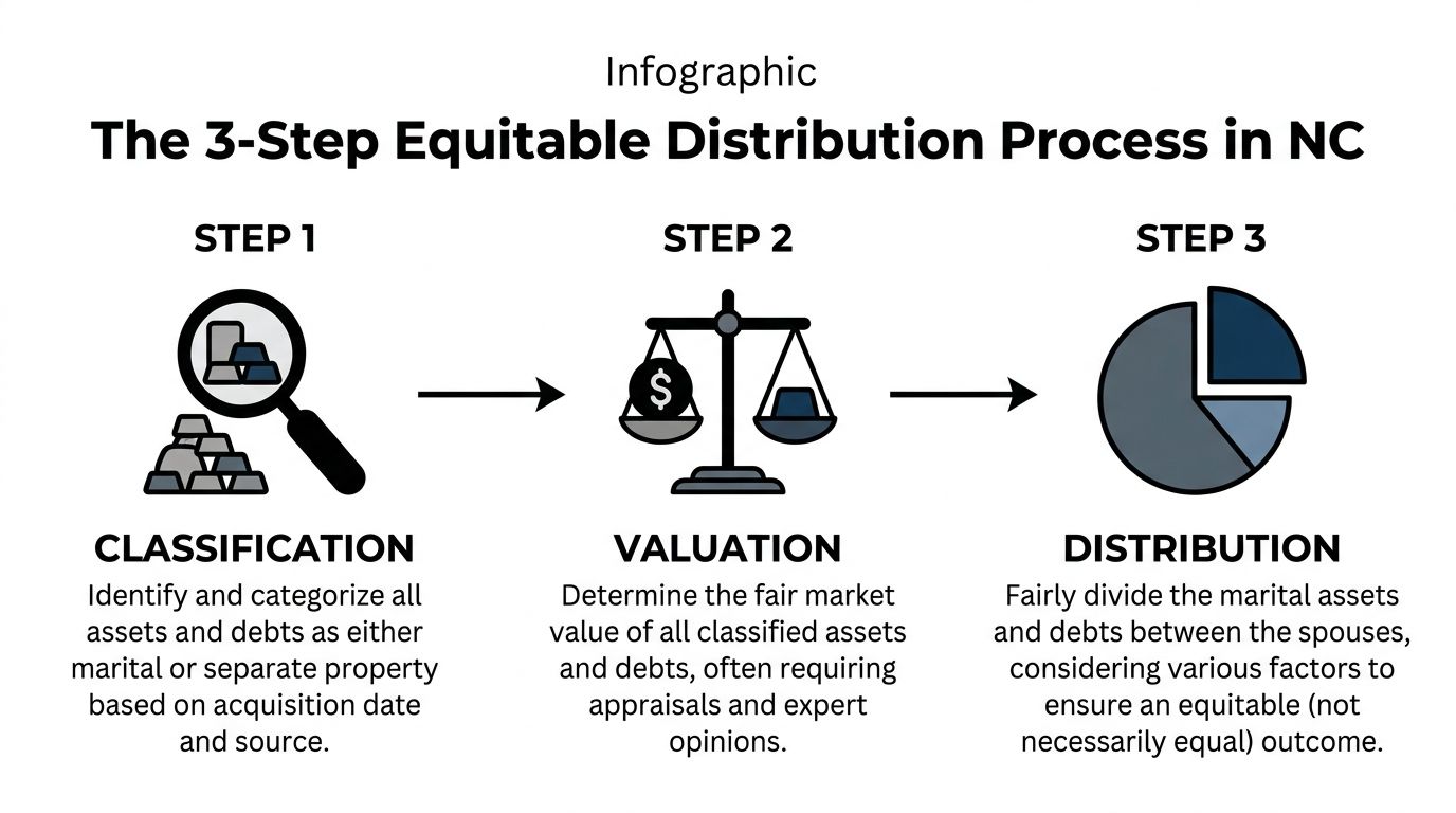 An infographic detailing the three-step equitable distribution process in North Carolina for divorce and asset division.