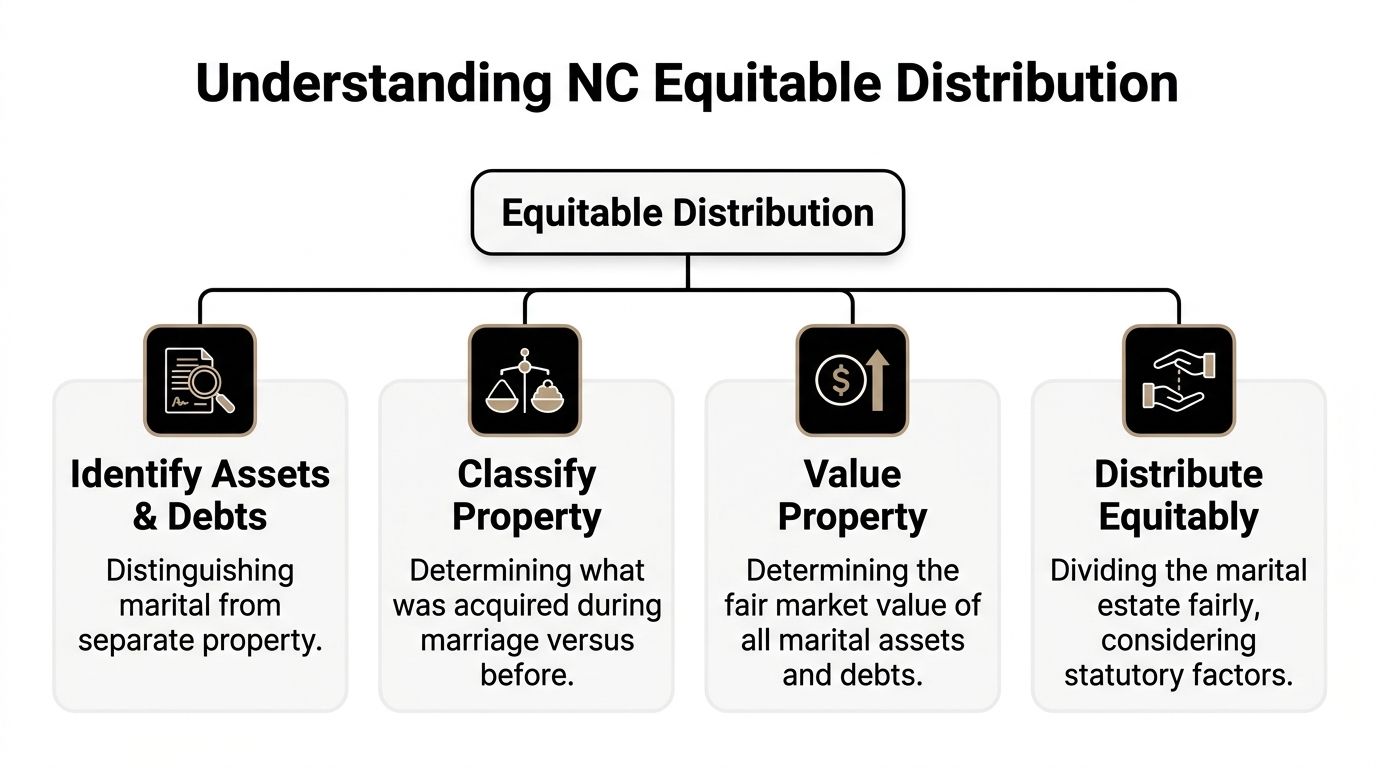 A flow chart explaining the four steps of North Carolina equitable distribution for marital assets and debts.